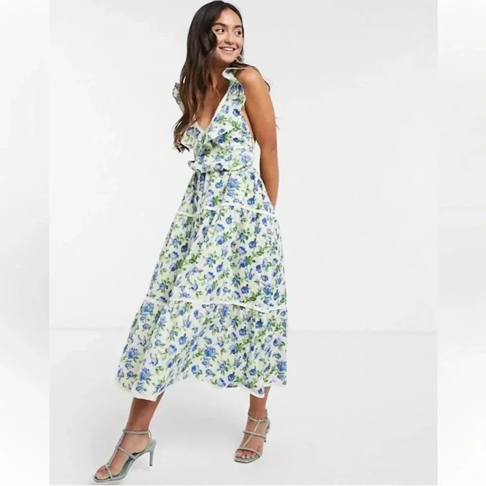 ASOS DOBBY TIERED MIDI SKATER SUNDRESS WITH LACE UP BACK IN FLORAL PRINT-MULTI - Picture 1 of 7